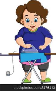 The fat women is doing the activities and ironing the cloth 