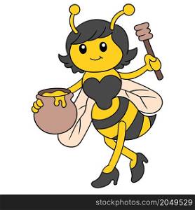 the female bee is carrying a barrel filled with natural honey