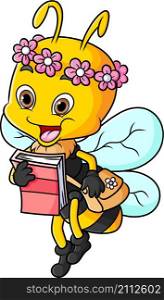 The female bee is holding a book and carrying bag