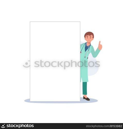 The female doctor is behind the blank board and show hand with thumb up. Flat vector cartoon character illustration