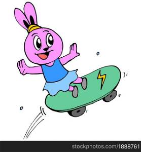 The female rabbit cub is having fun skateboarding. cartoon illustration sticker mascot emoticon