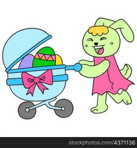 the female rabbit walks the road transporting eggs using a baby carriage
