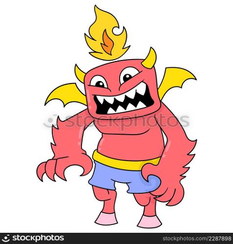 the fierce faced red skinned monster spit fire on its head