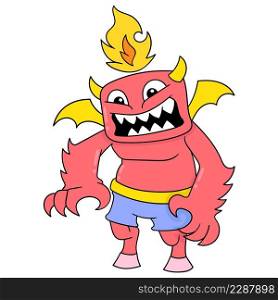 the fierce faced red skinned monster spit fire on its head