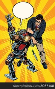 The fight of a man and armed robot pop art retro style. Dangerous robots. Robot criminal with a knife. Artificial intelligence and progress. The fight of a man and armed robot