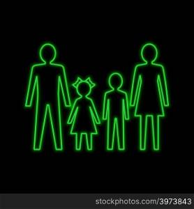 The figure of a man, a woman, a boy and a girl. Family concept neon sign. Bright glowing symbol on a black background. Neon style icon.