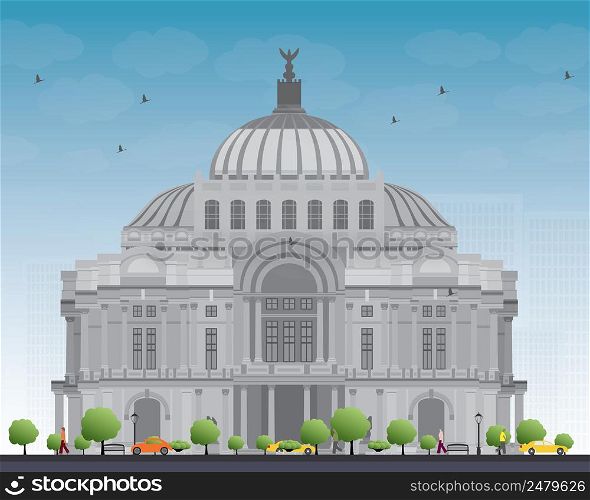 The Fine Arts Palace/Palacio de Bellas Artes in Mexico City, Mexico. Vector illustration. Business Travel and Tourism Concept with Historic Building. Image for Presentation Banner Placard and Web Site.