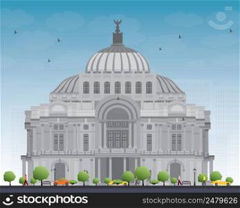 The Fine Arts Palace/Palacio de Bellas Artes in Mexico City, Mexico. Vector illustration. Business Travel and Tourism Concept with Historic Building. Image for Presentation Banner Placard and Web Site.