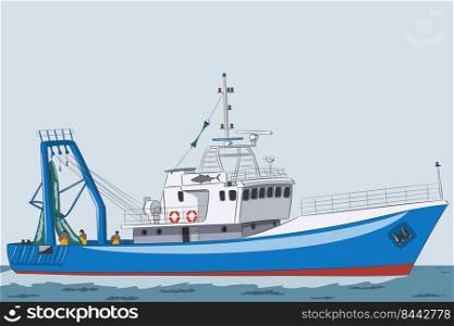The fishing vessel conducts industrial fishing in the sea. Vector illustration.. Blue fishing seiner on the background of the sea.