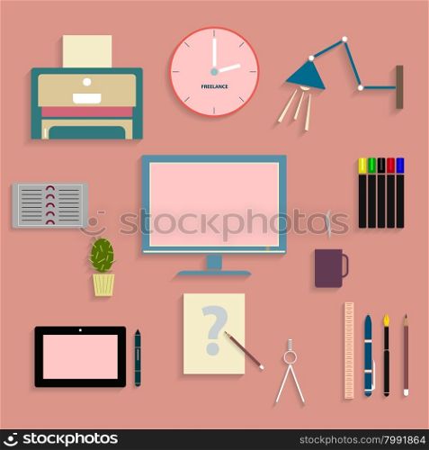 The flat set of objects for web designer,web icons with shadows,freelancer uses objects