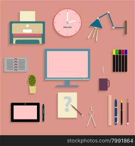 The flat set of objects for web designer,web icons with shadows,freelancer uses objects