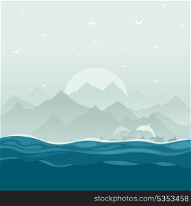 The flight of dolphins floats in the sea. A vector illustration