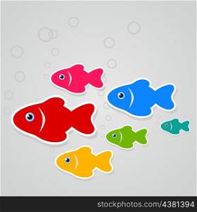 The flight of fishes floats on a grey background. A vector illustration