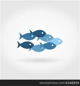 The flight of fishes floats on a grey background. A vector illustration