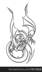 The flying dragon drawn in ink pen style. Isolated on white background.
