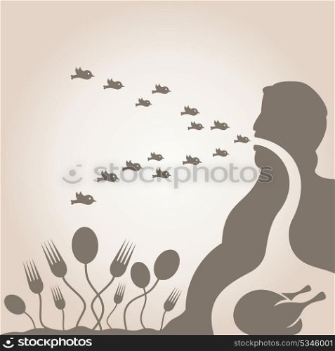 The food flies in a mouth to the thick man. A vector illustration