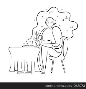 The food ordered in the restaurant smells very bad. Vector illustration. Black outlines and white background.