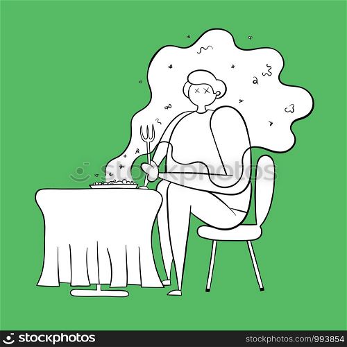 The food ordered in the restaurant smells very bad. Vector illustration. White and black outlines and colored background.