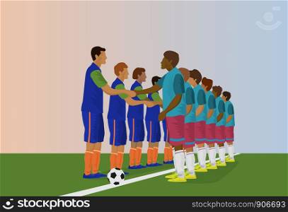The football team is holding hands. In order to start a football match,blue background