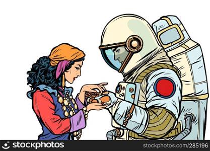 The fortune teller, and an astronaut. Palmistry by hand. Isolate on white background. Pop art retro vector illustration vintage kitsch. The fortune teller, and an astronaut. Isolate on white background