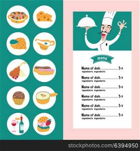 The French cuisine. Set of vector icons of traditional French cuisine. Menu template with a picture of a chef holding a dish.