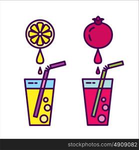 The fresh juice. Icon set, natural juices from fruits. Pomegranate juice, orange juice.