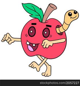 the fresh red apple turned into a zombie walking corpse preying on a caterpillar