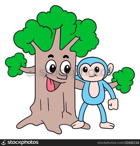 the friendly faced lush tree befriends the cute monkeys in the forest