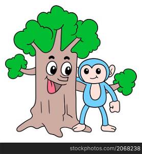 the friendly faced lush tree befriends the cute monkeys in the forest