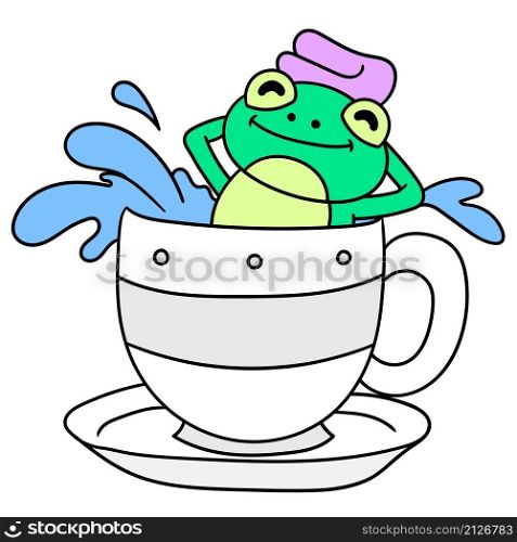 the frog is taking a warm bath in a cup