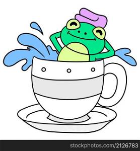 the frog is taking a warm bath in a cup