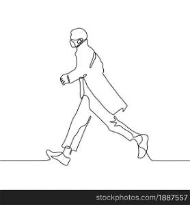 The full length figure of a man in mask dressed in a cloak and walking along a pedestrian crossing. A man alone walks at a wide pace, waving his arms wide. Can be used for animation.