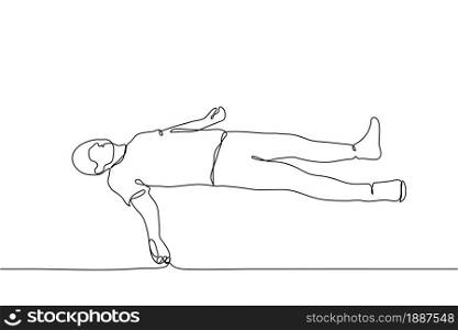 The full length male body lies on the floor. The concept of loss of strength, loss, fatigue, dead man, lose consciousness, fall, be defeated. Can be used for animation