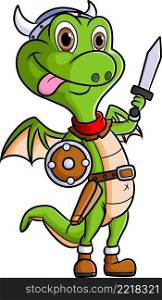 The funny dragon as the knight with the sword and shield