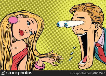 the funny man reacts to a beautiful woman. Pop art retro comic book vector illustration. the funny man reacts to a beautiful woman