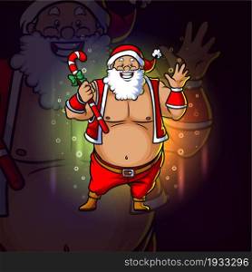The funny santa with the candy stick esport logo design