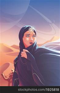 The futuristic vector illustration of a beautiful arab lady is traveling with a caravan to join a pilgrimage to a sacred place, where the first pilgrims settled on this planet to escape the war and social collapse of planet Earth a thousand years ago.