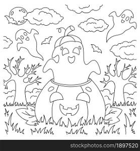 The ghost flies out of the pumpkin. Coloring book page for kids. Cartoon style character. Vector illustration isolated on white background. Halloween theme.