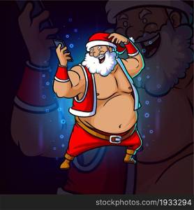The giant santa with holds the mobile phone esport mascot design