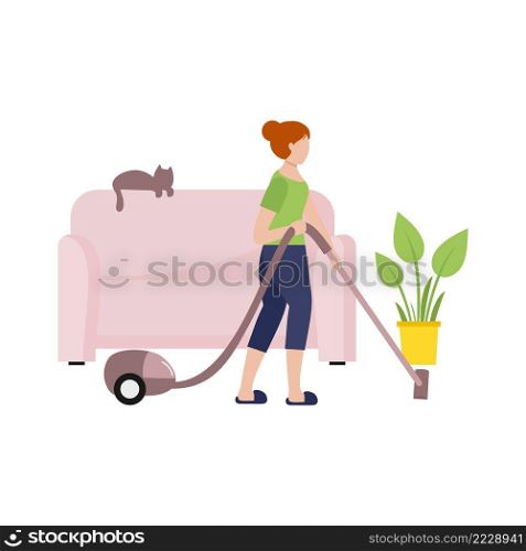 The girl cleans the room with a vacuum cleaner. Housewife does the cleaning in the room. Flat female character in flat style. Illustration on the theme of self-isolation during a pandemic Covid-19