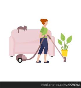 The girl cleans the room with a vacuum cleaner. Housewife does the cleaning in the room. Flat female character in flat style. Illustration on the theme of self-isolation during a pandemic Covid-19