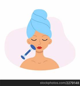 The girl does a facial massage with a roller massager. Vector character in a flat style. A woman with a towel on her head at a cosmetologist&rsquo;s appointment.