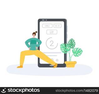 The girl doing sports exercises at home, mobile application for online training or wokout. Woman doing lunges next to smartphone or device screen. Indoor sport for self-isolation time. Vector isolated. mobile application for online training