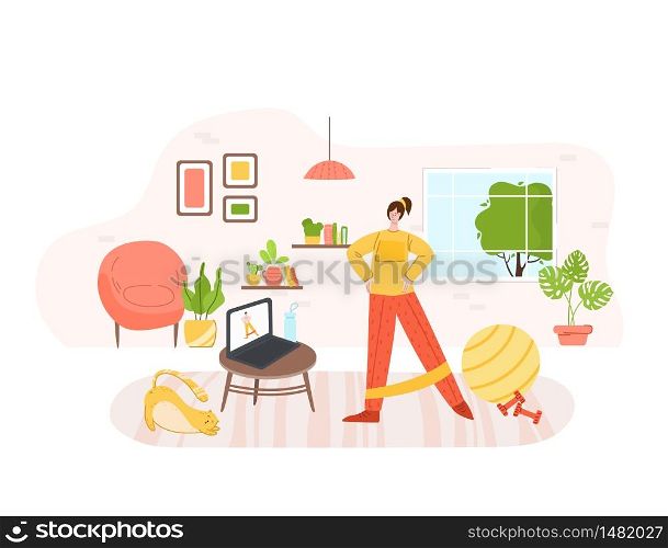 The girl doing sports exercises at home with trainer by internet - online training or workout concept. Home fitness for people health. Indoor sport with chair and other home equipment - vector. home fitness and workout indoor