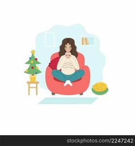 The girl drinks coffee sitting on the couch. A young woman meets the new year at home. The concept of the celebration of new year and Christmas. Vector character in flat style.