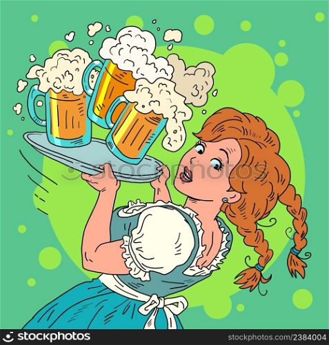 The girl drops the beer. a waitress with a beer, in national clothes. Oktoberfest festival, restaurant pub tavern. Comic cartoon hand illustration retro vector style. The girl drops the beer. a waitress with a beer, in national clothes. Oktoberfest festival, restaurant pub tavern