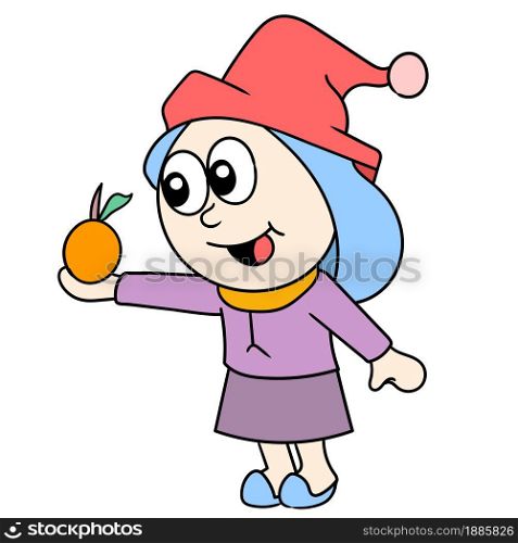 the girl gives oranges. vector illustration of cartoon doodle sticker draw
