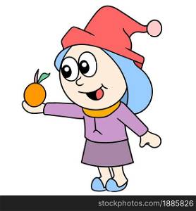 the girl gives oranges. vector illustration of cartoon doodle sticker draw