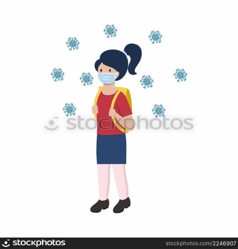 The girl goes with a school bag. A student wearing a medical mask during the coronavirus epidemic. A child drawn in a flat style.