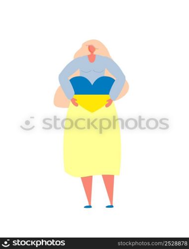 The girl hugs a heart with the colors of the flag of Ukraine. There is no war. Ukraine in the heart. Concept Support for Ukraine. The girl hugs a heart with the colors of the flag of Ukraine. There is no war. Ukraine in the heart. Concept
